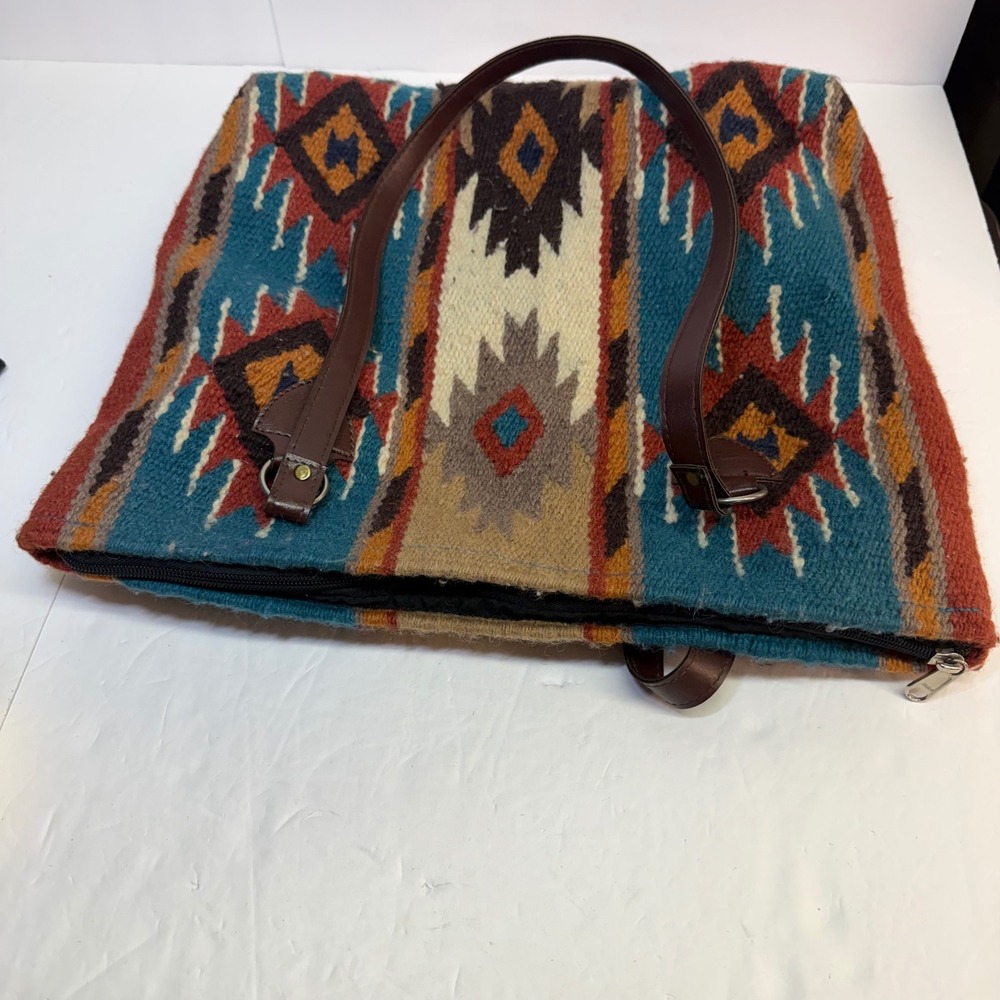 El Paso Saddleblanket Co Southwestern Wool Tote Bag Teal Rust Geometric Zipper - Picture 8 of 8